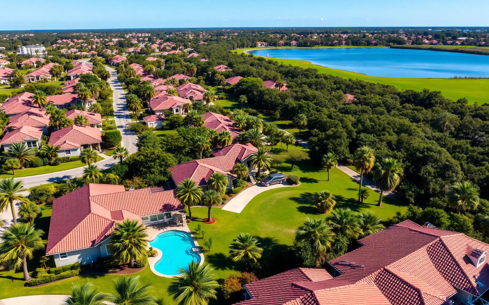 Aerial view of a South Florida residential neighborhood with palm trees