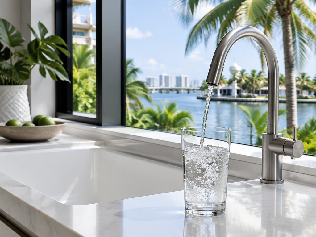 Water flowing into a glass at a South Florida kitchen sink