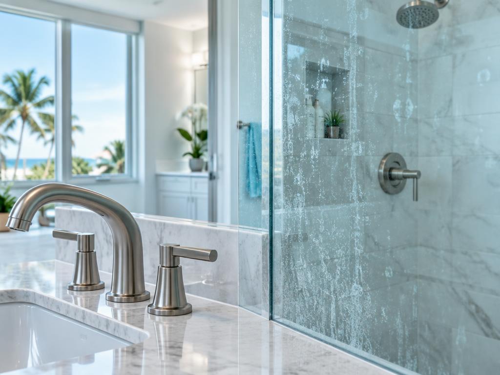 Mineral scale on shower glass and bathroom fixtures in a South Florida home