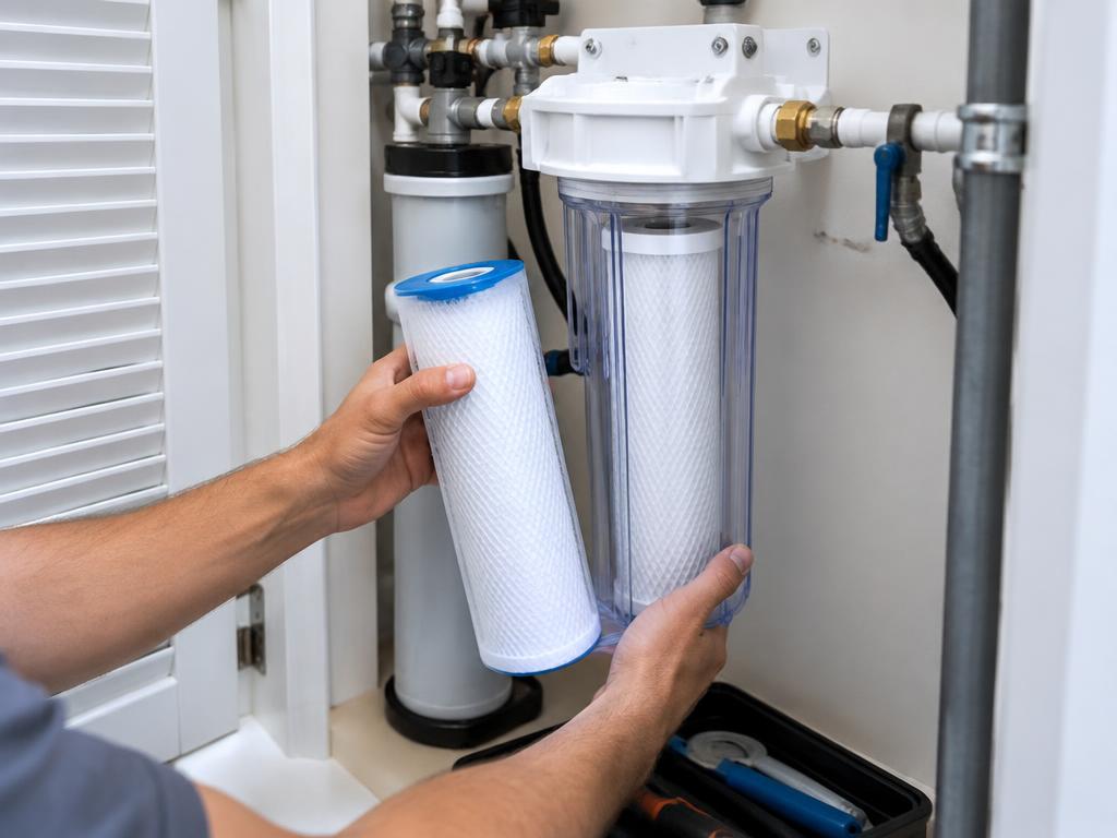 Hands replacing a residential water filtration cartridge