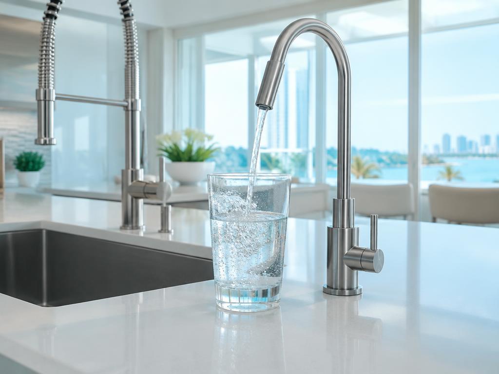 Filtered drinking water poured from a dedicated kitchen faucet
