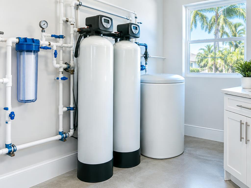 Residential whole-house water treatment equipment installed in a utility room