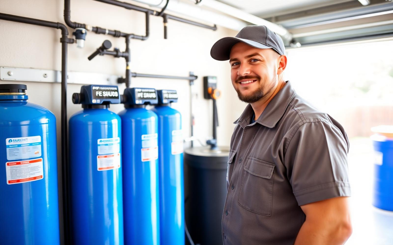 Water treatment technician checking equipment at a residential installation
