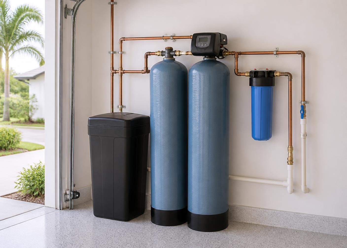 Whole-home water treatment system installed beside a Florida home